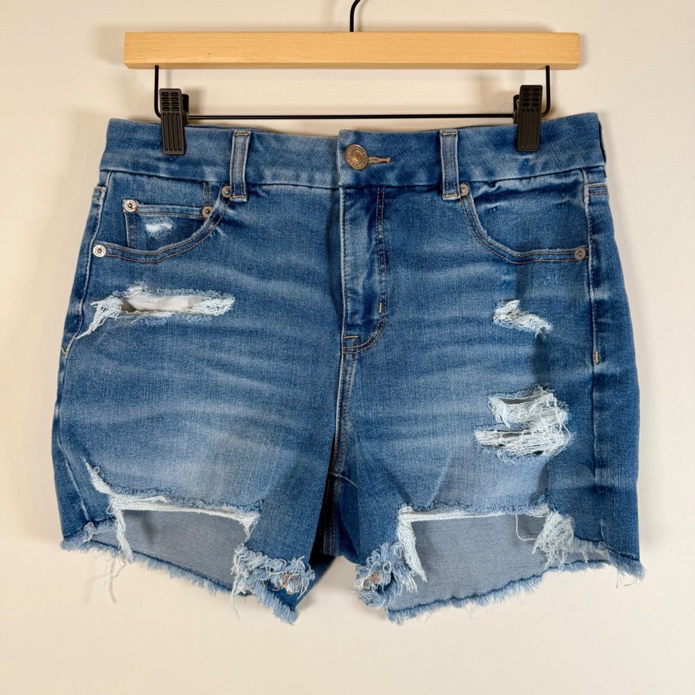 American Eagle The Dream Short Curvy Midi Denim Jean Shorts Size 10 Distressed